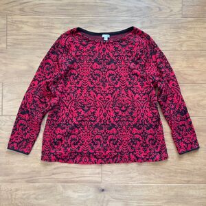 J.Jill Sweater Size XL Petite Red/Black Damask Print Rhinestone Holiday Knit
